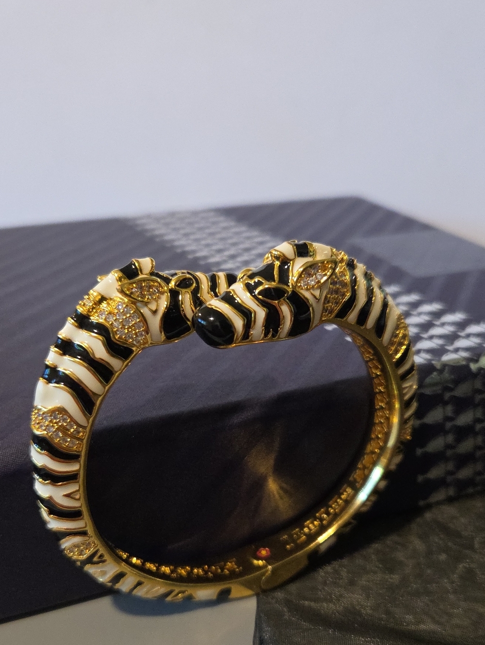 Lauren G. Adams Gold Double Zebra Head Enamel Hinged Bangle Bracelet With CZ